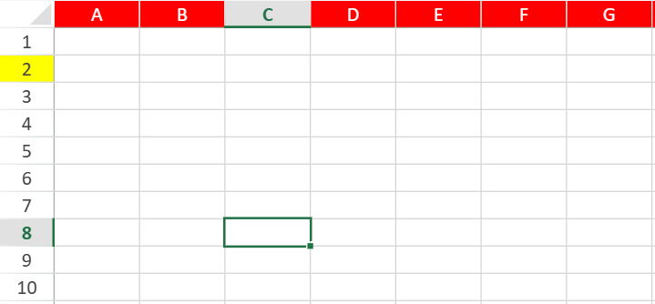 SpreadJS headers with a red column header background, white column header text, and a yellow background on the second row header.