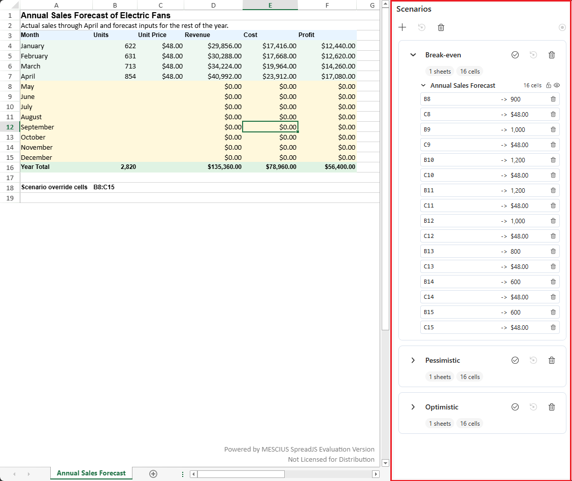 SpreadJS runtime Scenario Panel attached to a workbook, displaying scenario cards with their included worksheets, changing cells, stored values, and management controls.