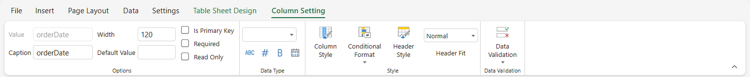 SpreadJS Designer displays the COLUMN SETTING tab after selecting a TableSheet column header, enabling column-level field and presentation configuration.