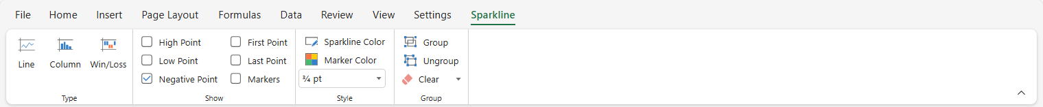SpreadJS Designer displays Sparkline Design commands for area, scatter, and non-formula line, column, or winloss sparklines in worksheet cells.