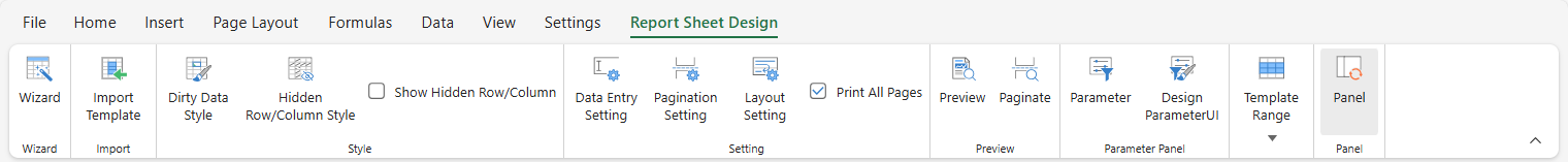SpreadJS Designer displays the ReportSheet Design tab with controls for configuring report layout, bound data regions, and presentation settings.