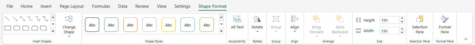 SpreadJS Designer displays the Shape Design tab with commands for customizing the appearance and layout of a selected worksheet shape.