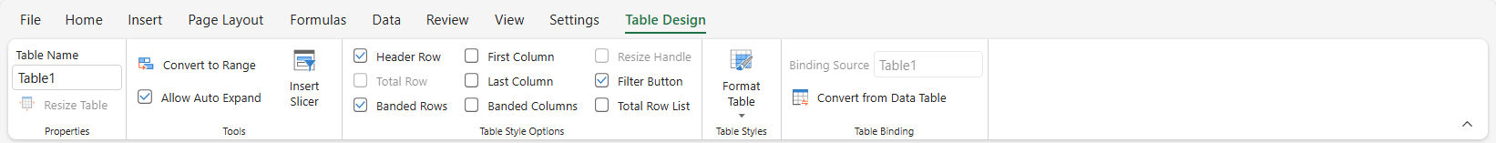 SpreadJS Designer displays the Table Design tab with style and configuration commands for a selected worksheet table and its data range.