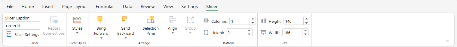 SpreadJS Designer displays the Options tab for configuring a slicer connected to a worksheet table for interactive data filtering.