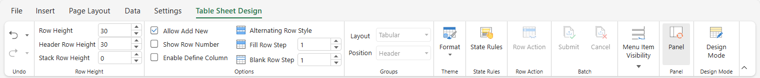 SpreadJS Designer displays the TableSheet Design tab with commands for configuring the appearance and behavior of an active TableSheet.