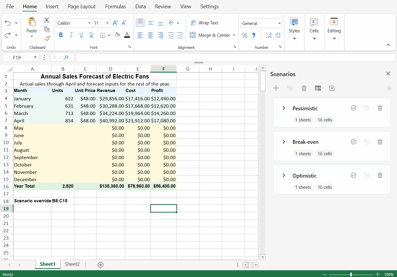 SpreadJS Designer demonstrates creating, activating, applying, restoring, and managing named worksheet scenarios through the Scenarios panel.