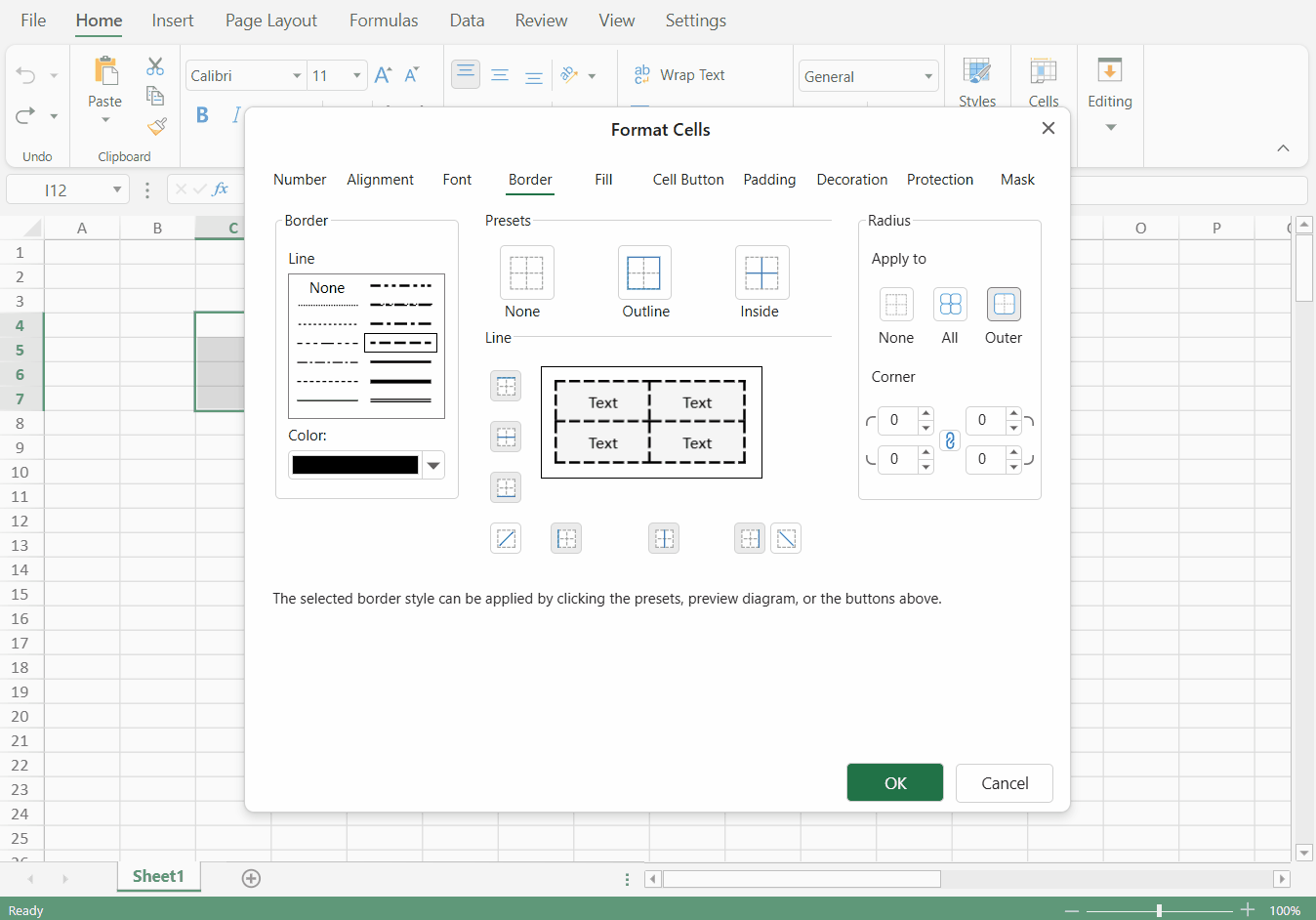 SpreadJS Designer animation demonstrates that changing the Apply to mode controls the next radius edit without identifying or replacing previously stored corner values.