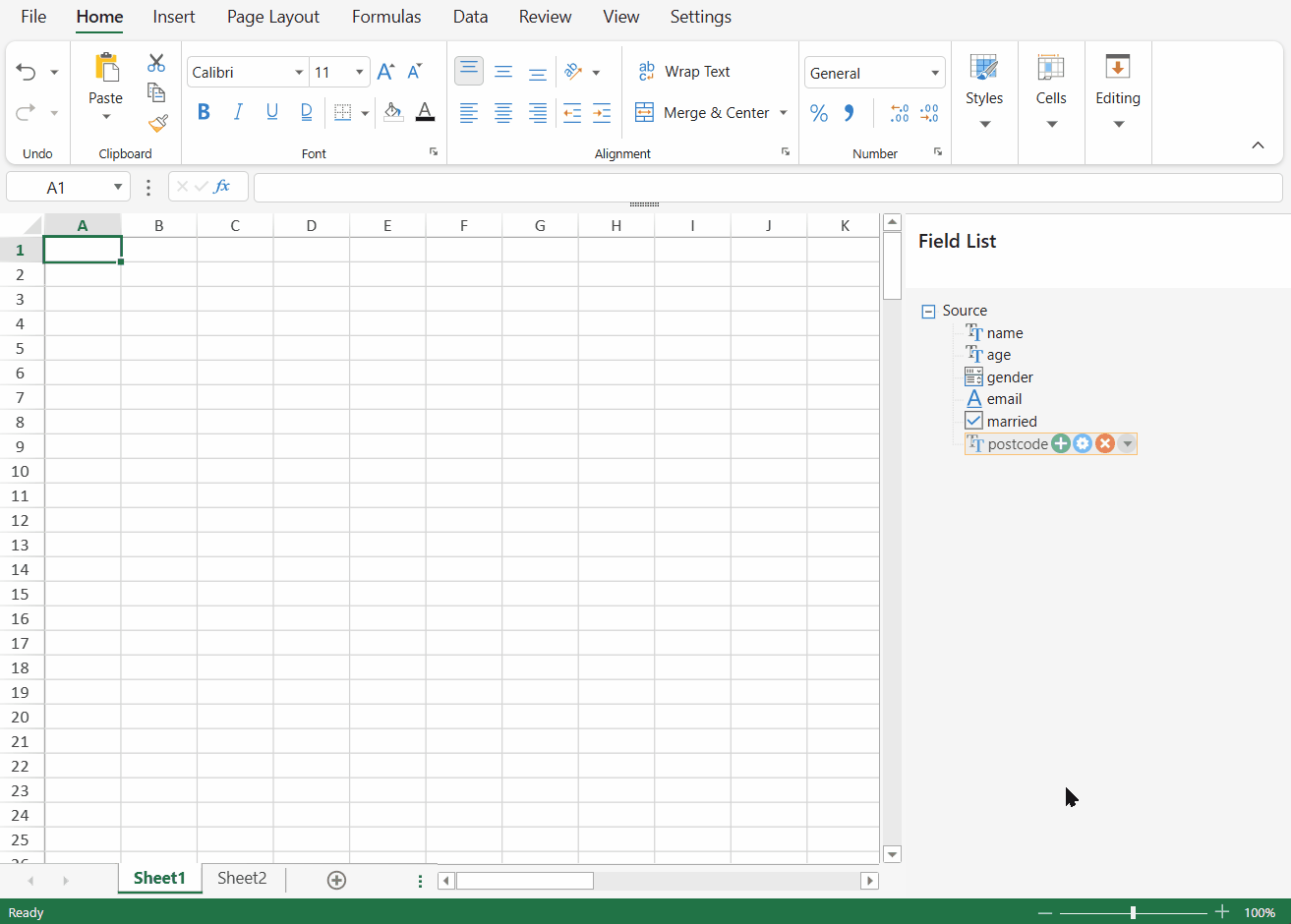SpreadJS Designer demonstrates dragging fields from the Field List onto worksheet cells, creating binding paths and bracketed placeholders.
