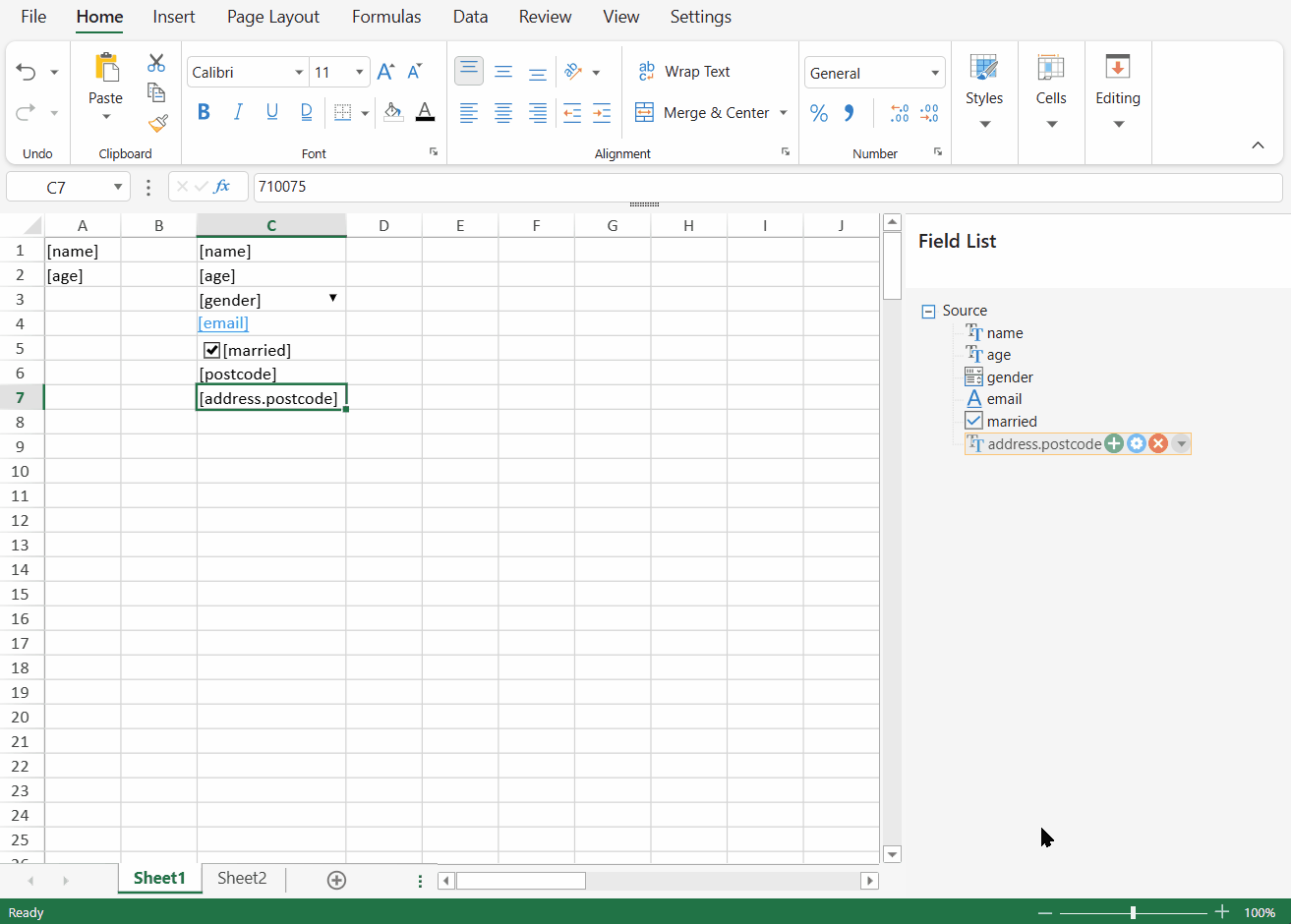 SpreadJS Designer demonstrates placing a nested field whose worksheet binding path uses dot notation such as address.postcode.