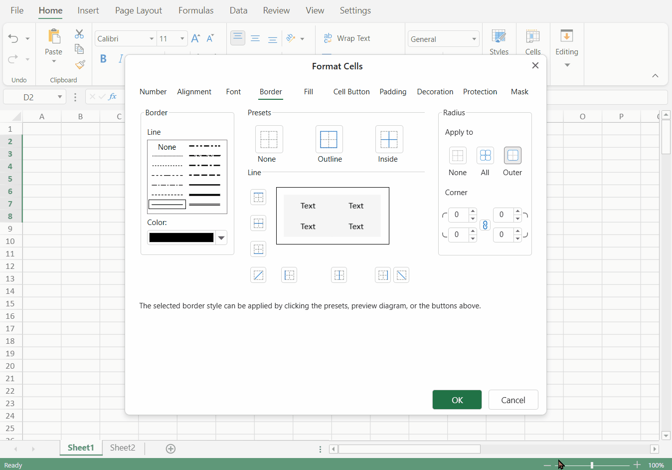 SpreadJS Designer animation compares None, Outline, and Inside border presets for a selected cell range while the Border tab preview updates.