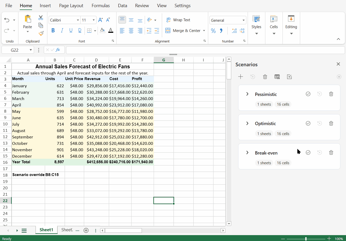 SpreadJS Designer generates a PivotTable Summary with scenario names as row labels and selected result cells as separate value fields.
