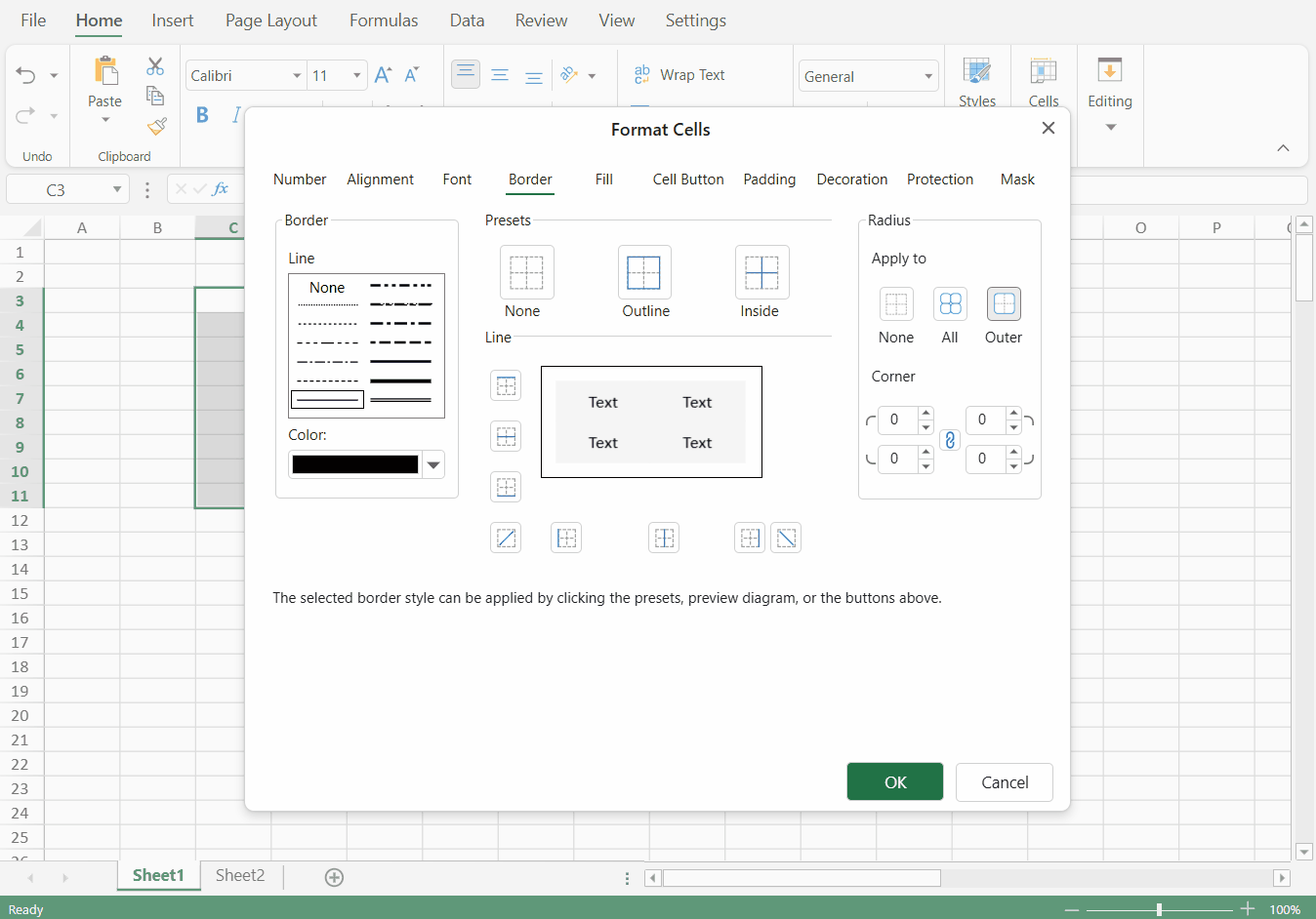 SpreadJS Designer animation demonstrates editing linked or independent corner radius values and viewing the resulting rounded border in the preview diagram.