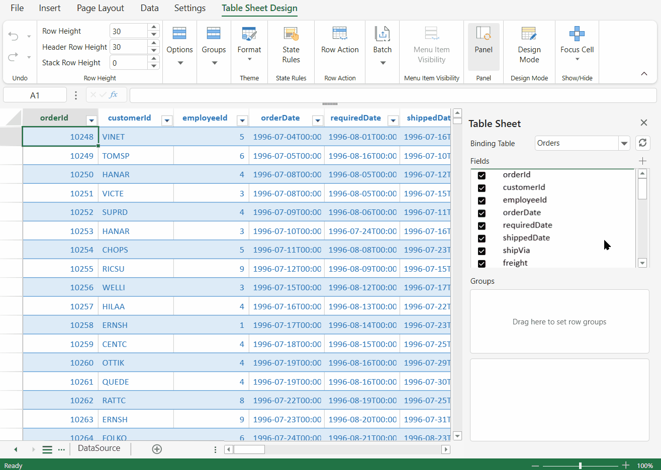 SpreadJS Table Sheet Designer side panel showing expandable relationship column nodes for viewing parent and child fields in a tree structure.