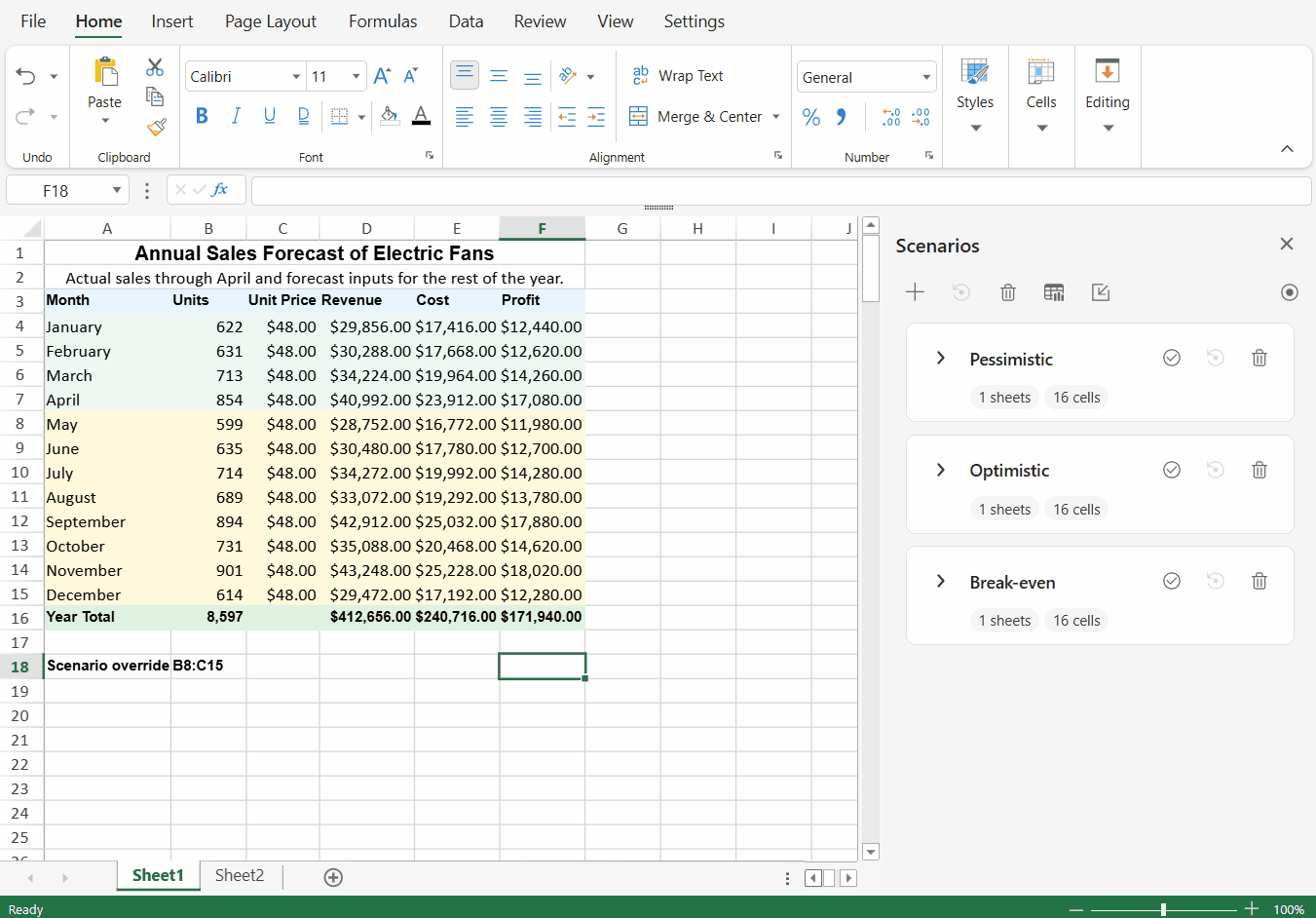 SpreadJS Designer generates a static Sheet Summary worksheet comparing current values, changing cells, result cells, and selected scenarios side by side.