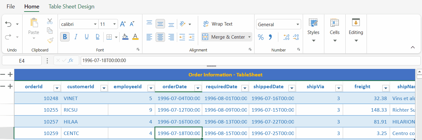 SpreadJS TableSheet multiple column header workflow showing repeated caption values triggering auto-merge across column header cells.