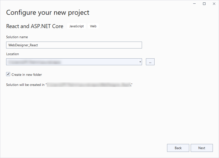 Configure your New Project Dialog