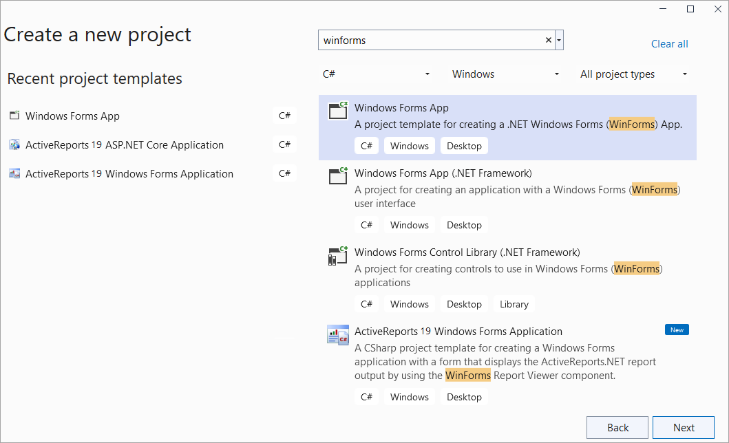 Create a new project window