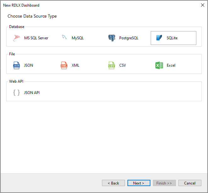 Choose Data Source Type as SQLITE