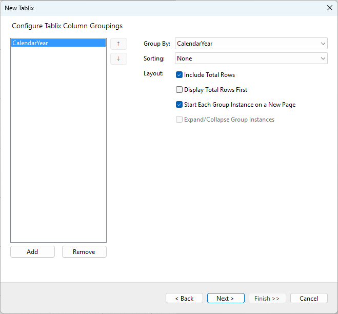 Configure Tablix Column Groupings In Tablix Wizard