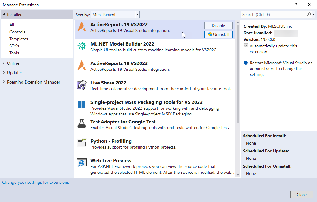 Extensions and Update window