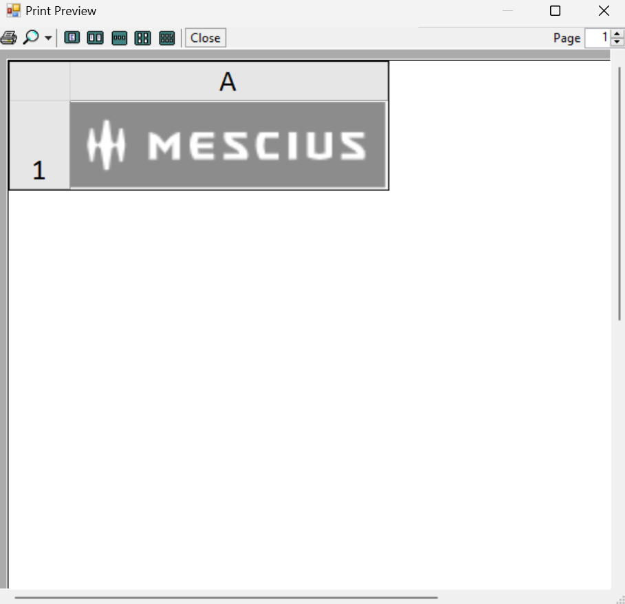 Spread WinForms shows the ImageCellType MESCIUS logo inside cell A1 in Print Preview at 200 percent zoom.