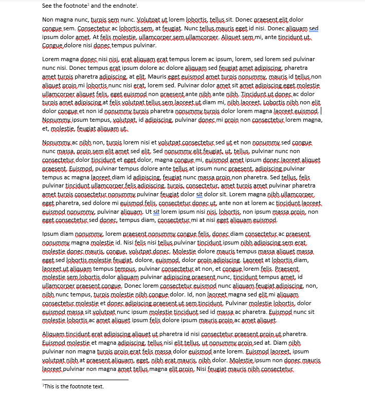 DsWord document showcasing the use of NOTEREF field showing the footnote text
