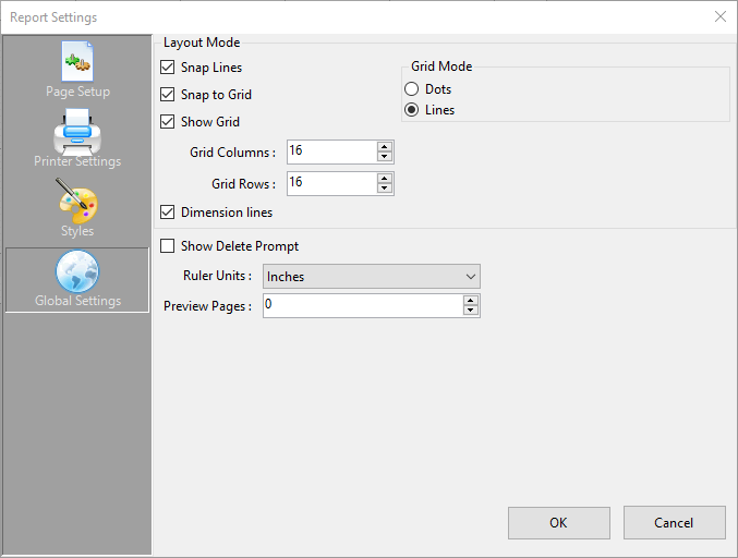 Global Settings of the Report Settings dialog