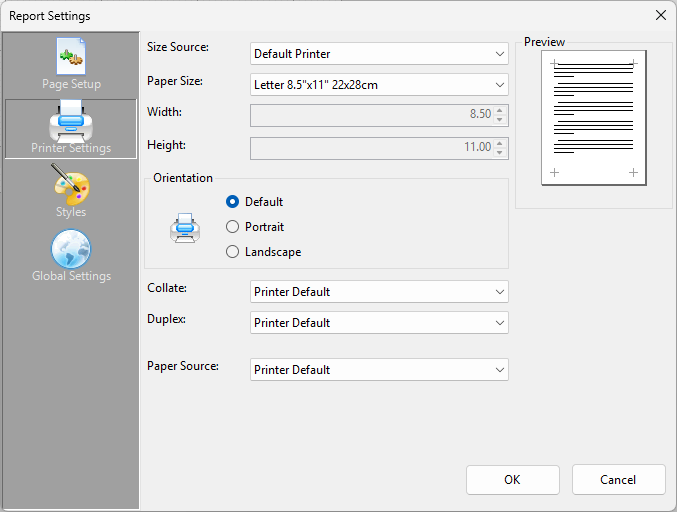Report Wizard – Printer Settings screen: interface for setting printing options, including size source (default printer, installed printer, or standard list), paper size, orientation, collate, duplex and paper source.