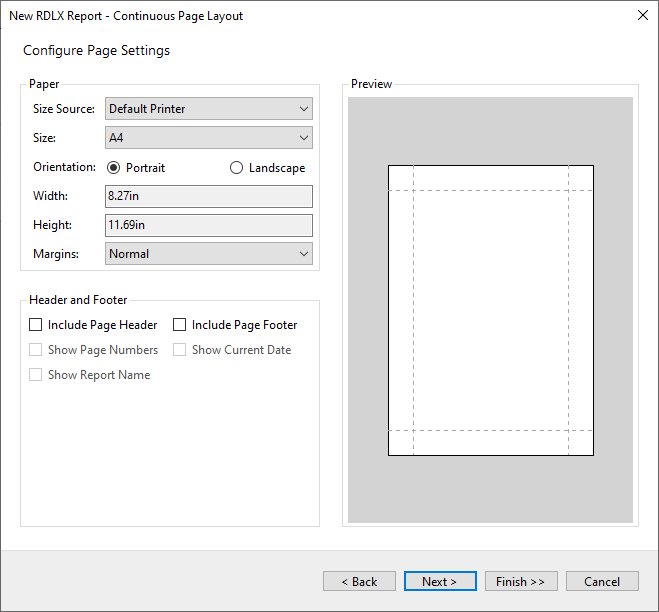 Configure Page Settings screen of the Report Wizard