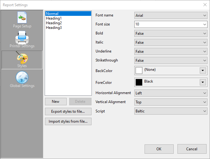 Styles page of the Report Settings dialog