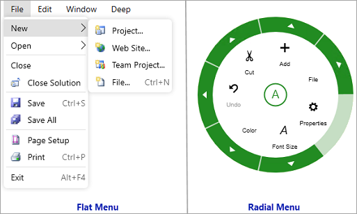 Flat menu and radial menu