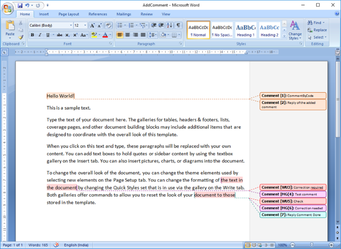 Comments in a Word document