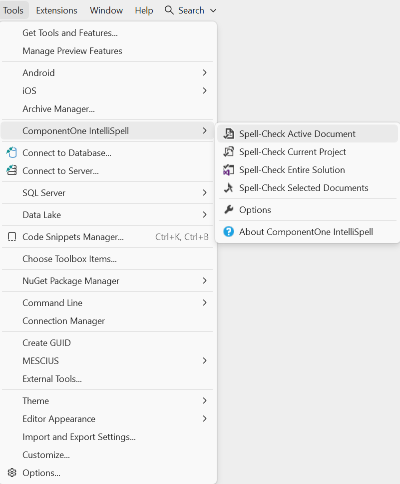C1WinForms IntelliSpell - Menu UI