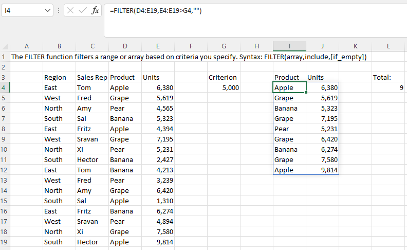 Dynamic Array formula Filter Function