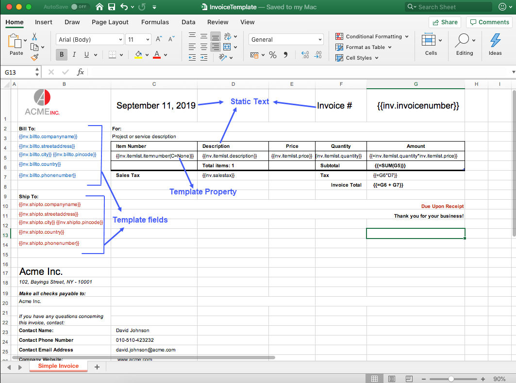 Template fields and properties