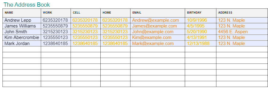 A bound PDF form displaying an address book
