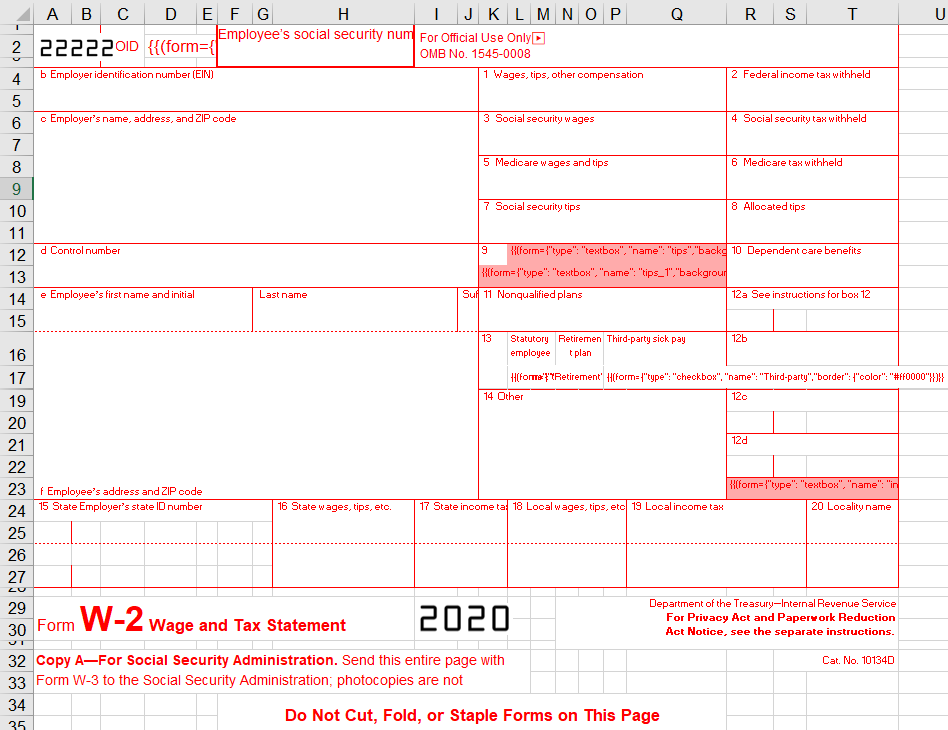Excel template layout of an unbound PDF form displaying a wage and tax statement