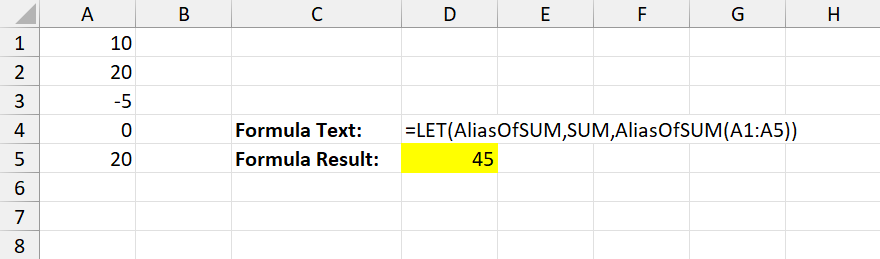 DsExcel worksheet output shows LET assigning SUM to AliasOfSUM for range A1:A5 and returning the calculated total 45.
