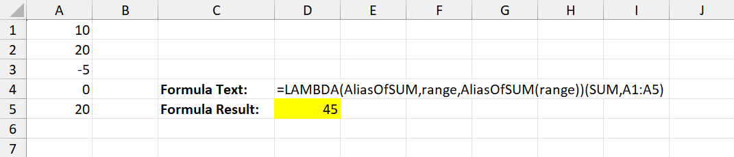 DsExcel worksheet output shows an immediately invoked LAMBDA receiving SUM and range A1:A5 as arguments and returning the total 45.