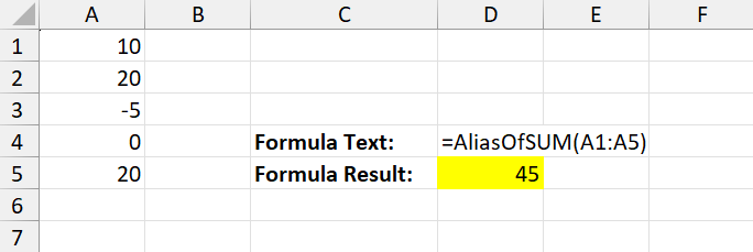 DsExcel worksheet output shows AliasOfSUM(A1:A5) returning 45 after workbook.Names.Add assigns SUM to the reusable Eta LAMBDA name.