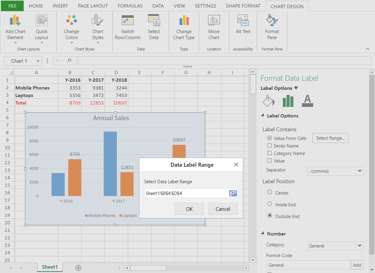 SpreadJS Designer workflow for enabling Values From Cells, selecting a worksheet range in the Data Label Range dialog, and displaying those cell values as chart data labels.