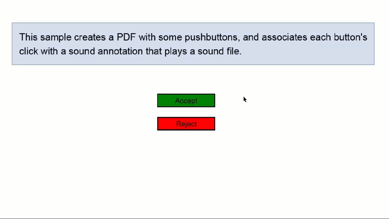 DsPdfJS gif illustration of a document playing sound effects when its button are clicked by using an ActionSound object