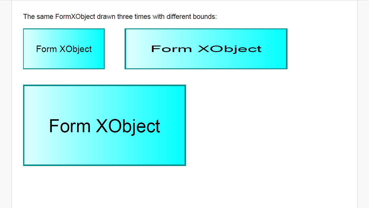 DsPdfJS example demonstrating creation of a FormXObject in a PDF document and rendering the same reusable graphic object multiple times with different bounds