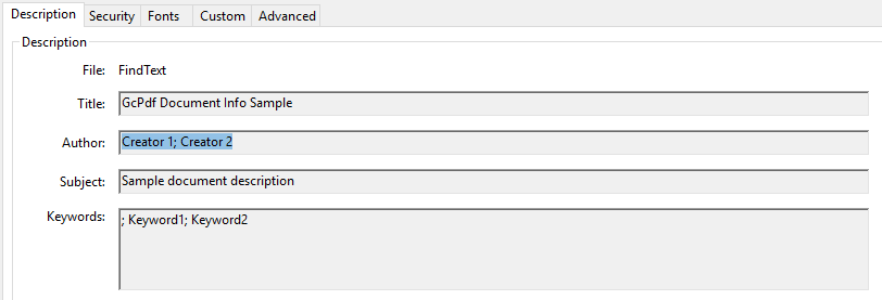 DsPdfJS demonstration of some document properties available, showing available PDF document metadata and properties accessible through the API