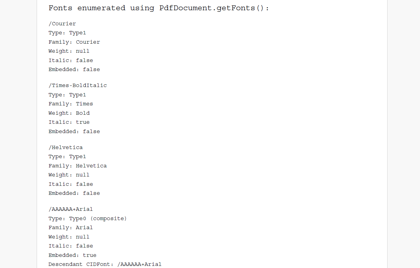 DsPdfJS generated PDF document preview alongside enumerated font information output, showing the list of fonts detected in the PDF file and their associated font details