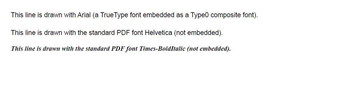 DsPdfJS example demonstrating loading a PDF document, enumerating document fonts, and displaying information about each font used within the PDF file