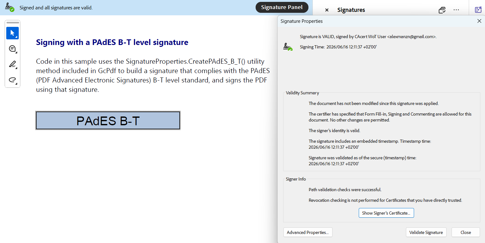 DsPdfJS applying a timestamp PAdES B-T level signature to a document