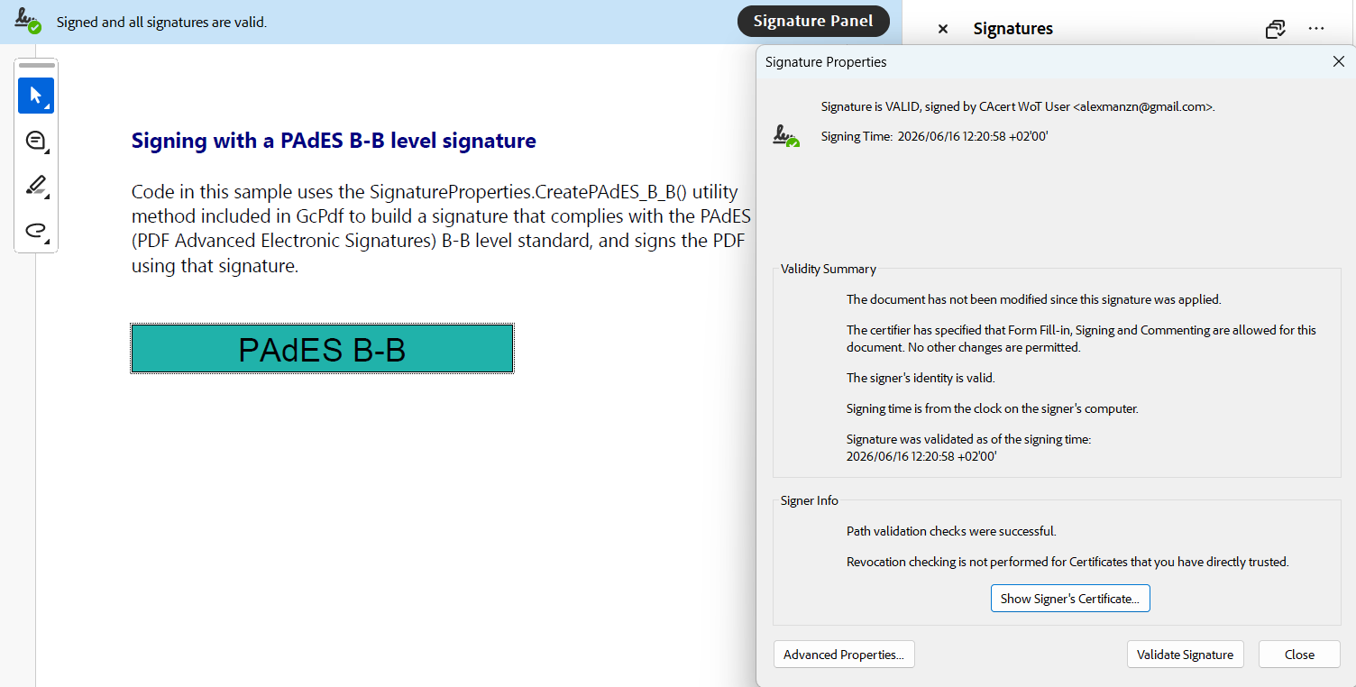 DsPdfJS output of signing a document with a PAdES B-B level signature