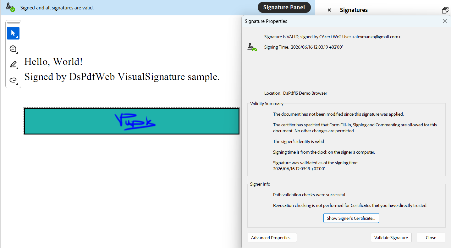 DsPdfJS output of adding a visual signature to a document