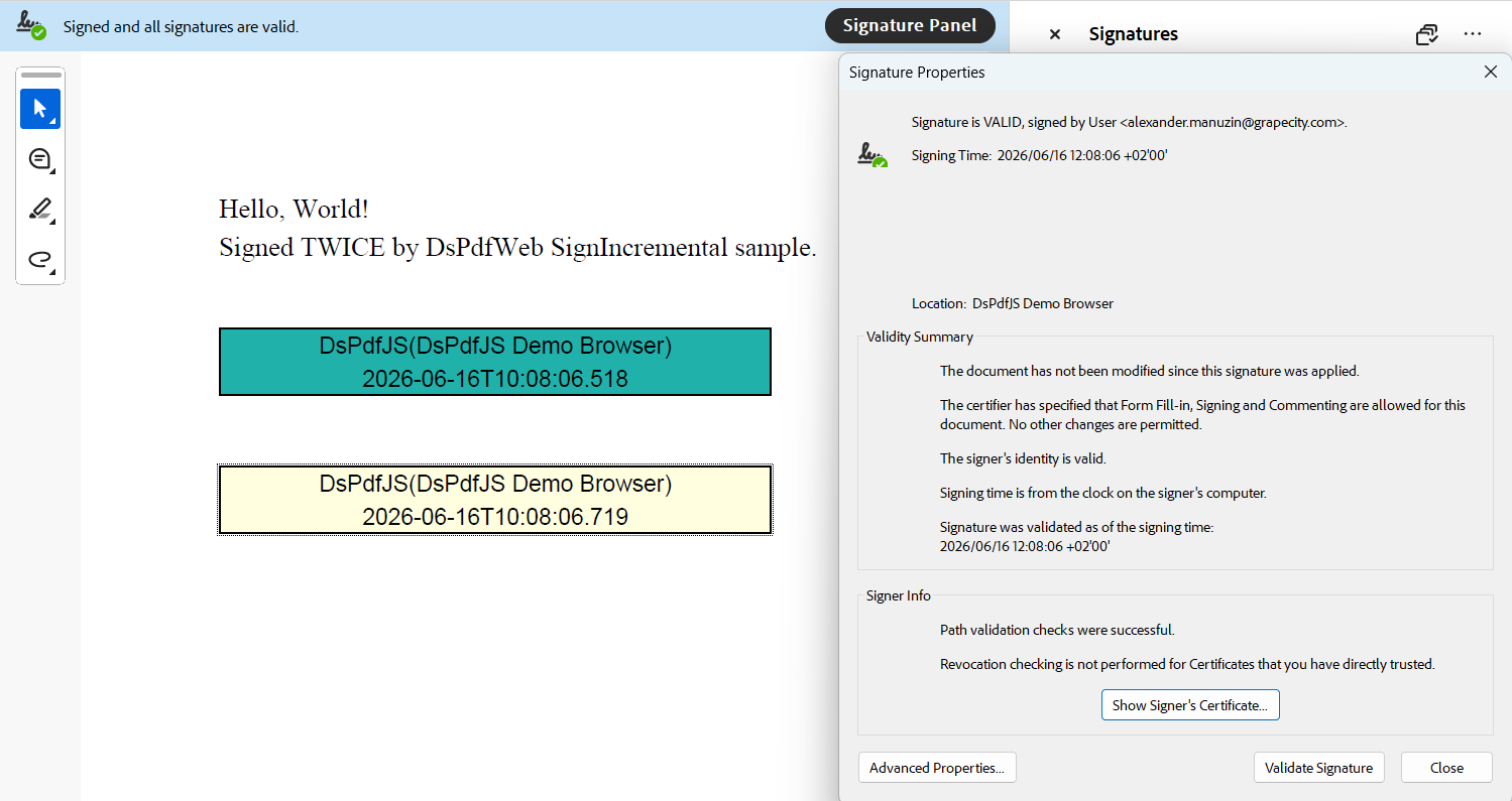 DsPdfJS output of using incremental update to add multiple signatures to a document